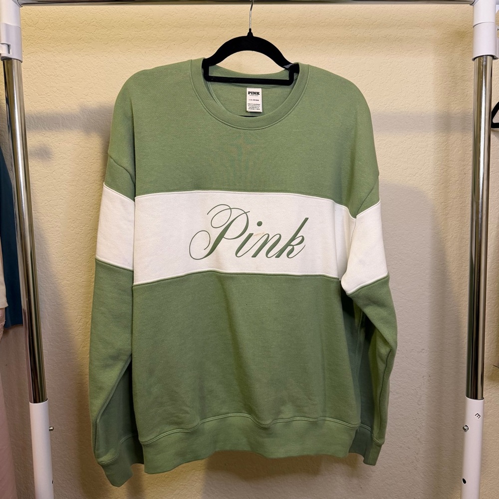 PINK Victoria's Secret Green and White Crew Neck Sweater